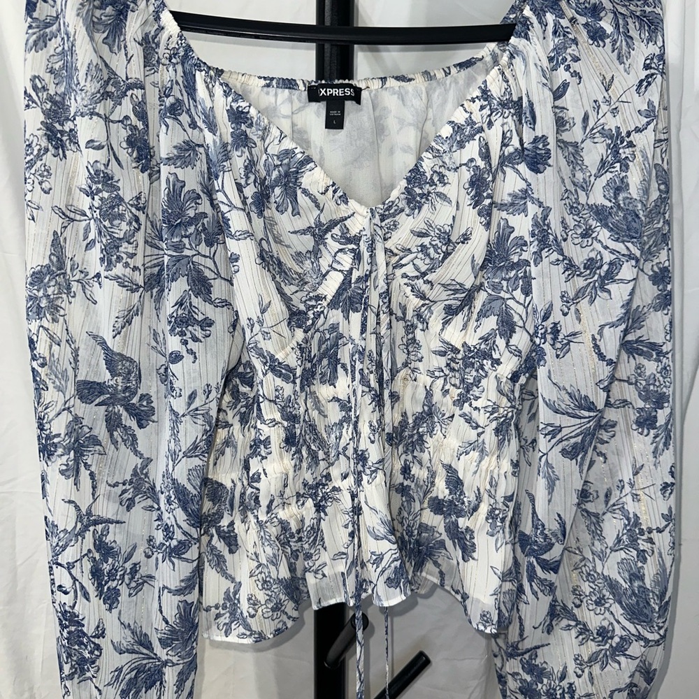 Express White and Blue Floral Blouse